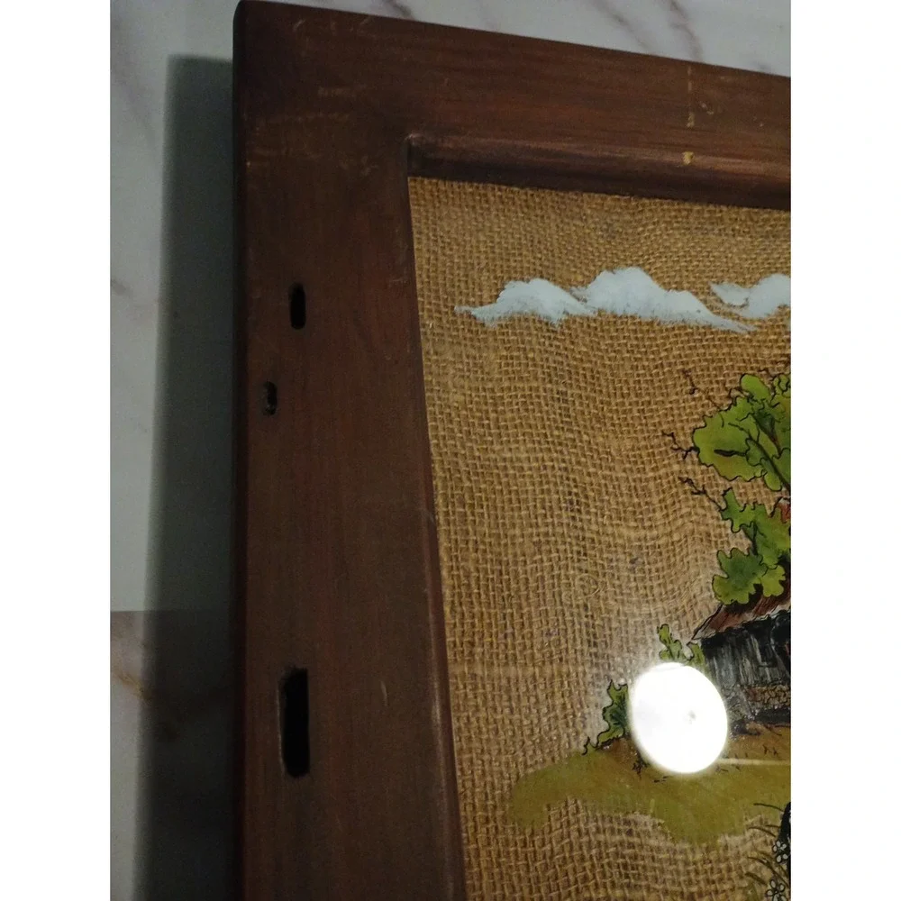 Vintage Rustic Hand Painted 1987 Folk Art with Old Wood Frame‎ Wall Hanging